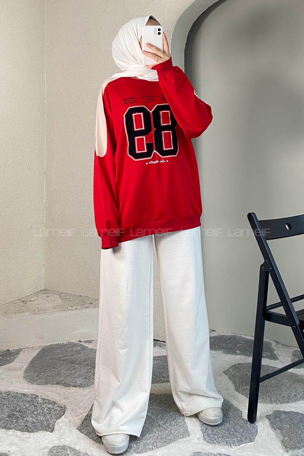 Modalamelif 89 Aplike Nakışlı Bisiklet Yaka Renk Garnili Sweat Kırmızı