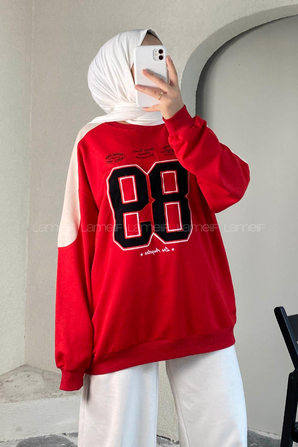 Modalamelif 89 Aplike Nakışlı Bisiklet Yaka Renk Garnili Sweat Kırmızı