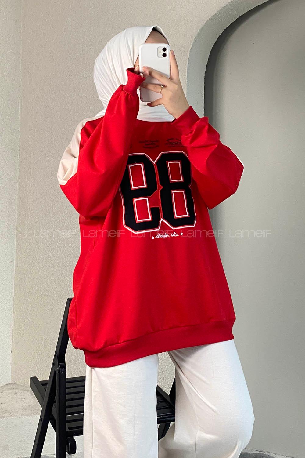 Modalamelif 89 Aplike Nakışlı Bisiklet Yaka Renk Garnili Sweat Kırmızı