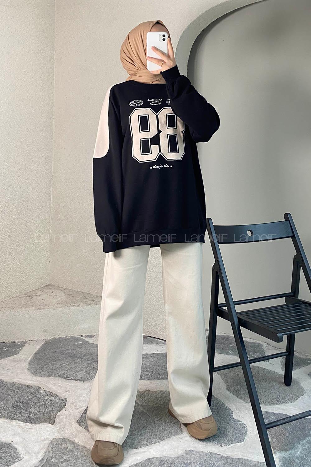 Modalamelif 89 Aplike Nakışlı Bisiklet Yaka Renk Garnili Sweat Siyah