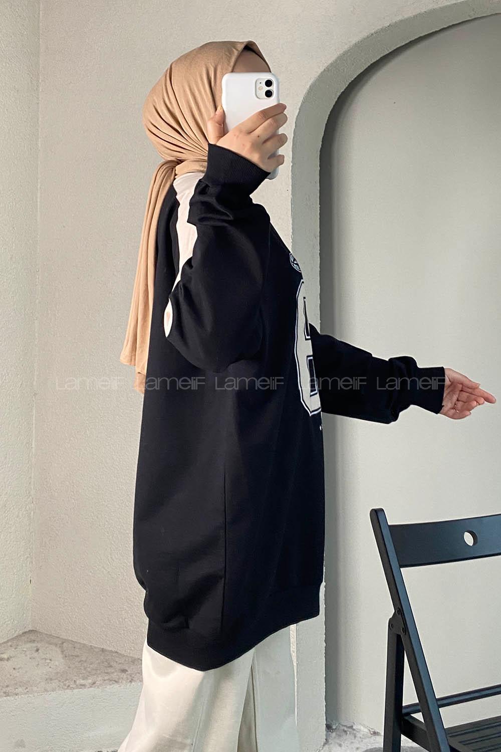 Modalamelif 89 Aplike Nakışlı Bisiklet Yaka Renk Garnili Sweat Siyah