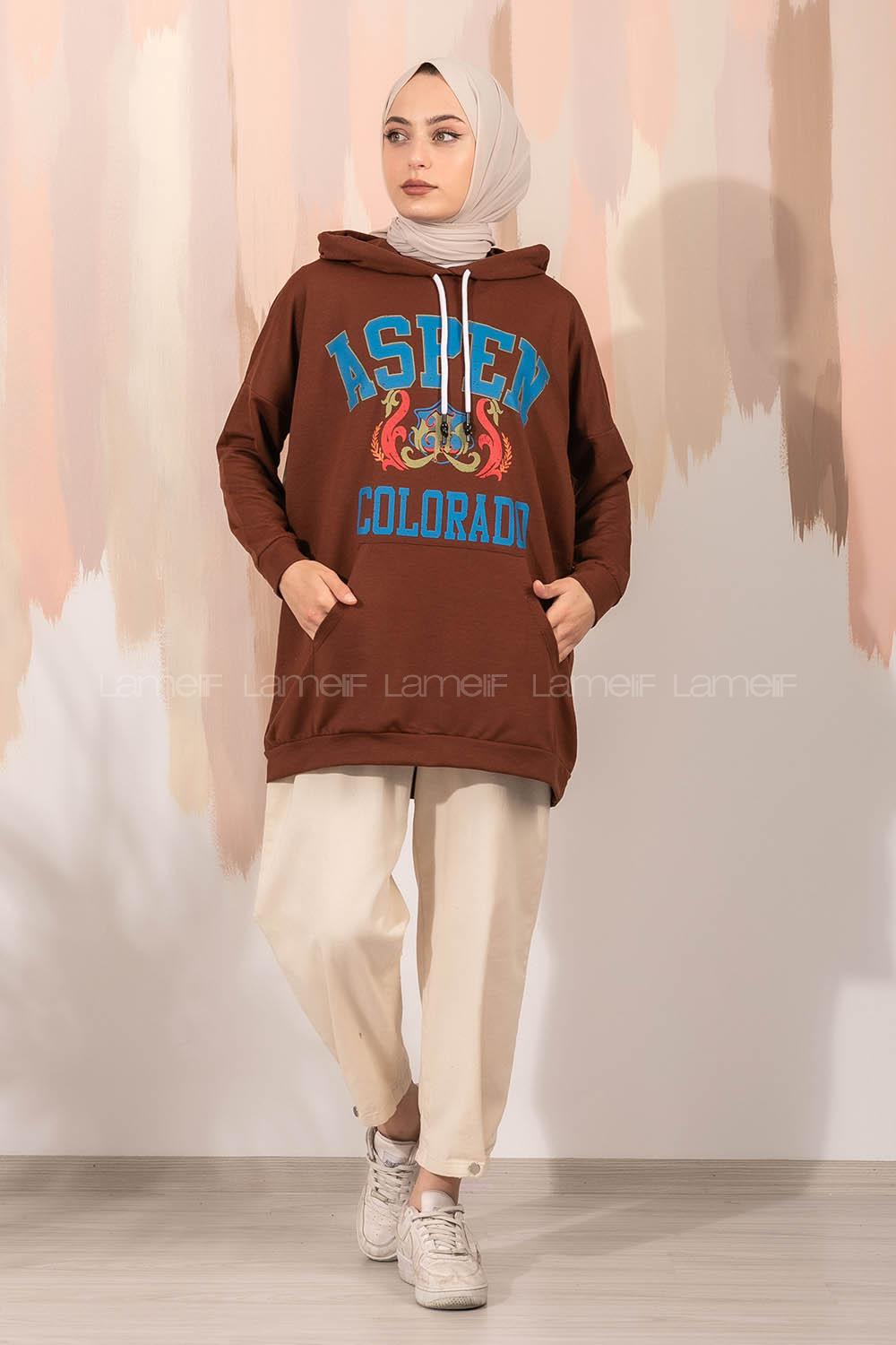 Modalamelif Aspen Yazı Baskılı Kapüşonlu Sweat Acı Kahve