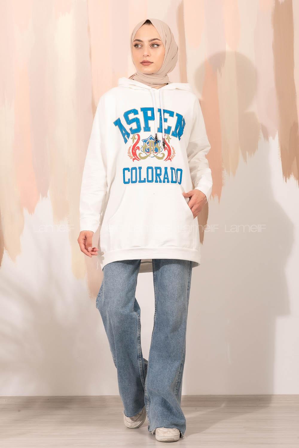 Modalamelif Aspen Yazı Baskılı Kapüşonlu Sweat Beyaz