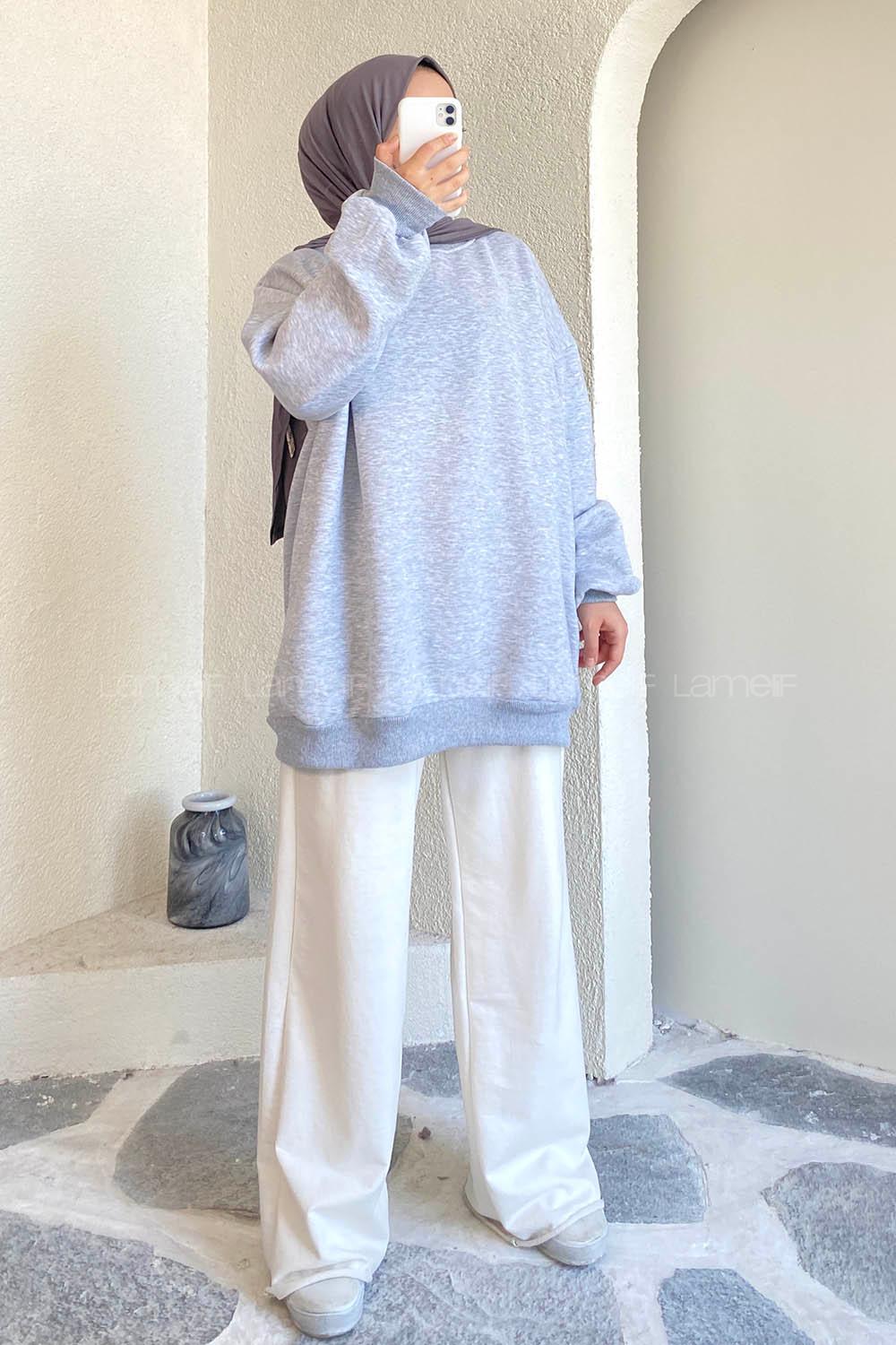 Modalamelif Bisiklet Yaka Salaş Sweatshirt Gri