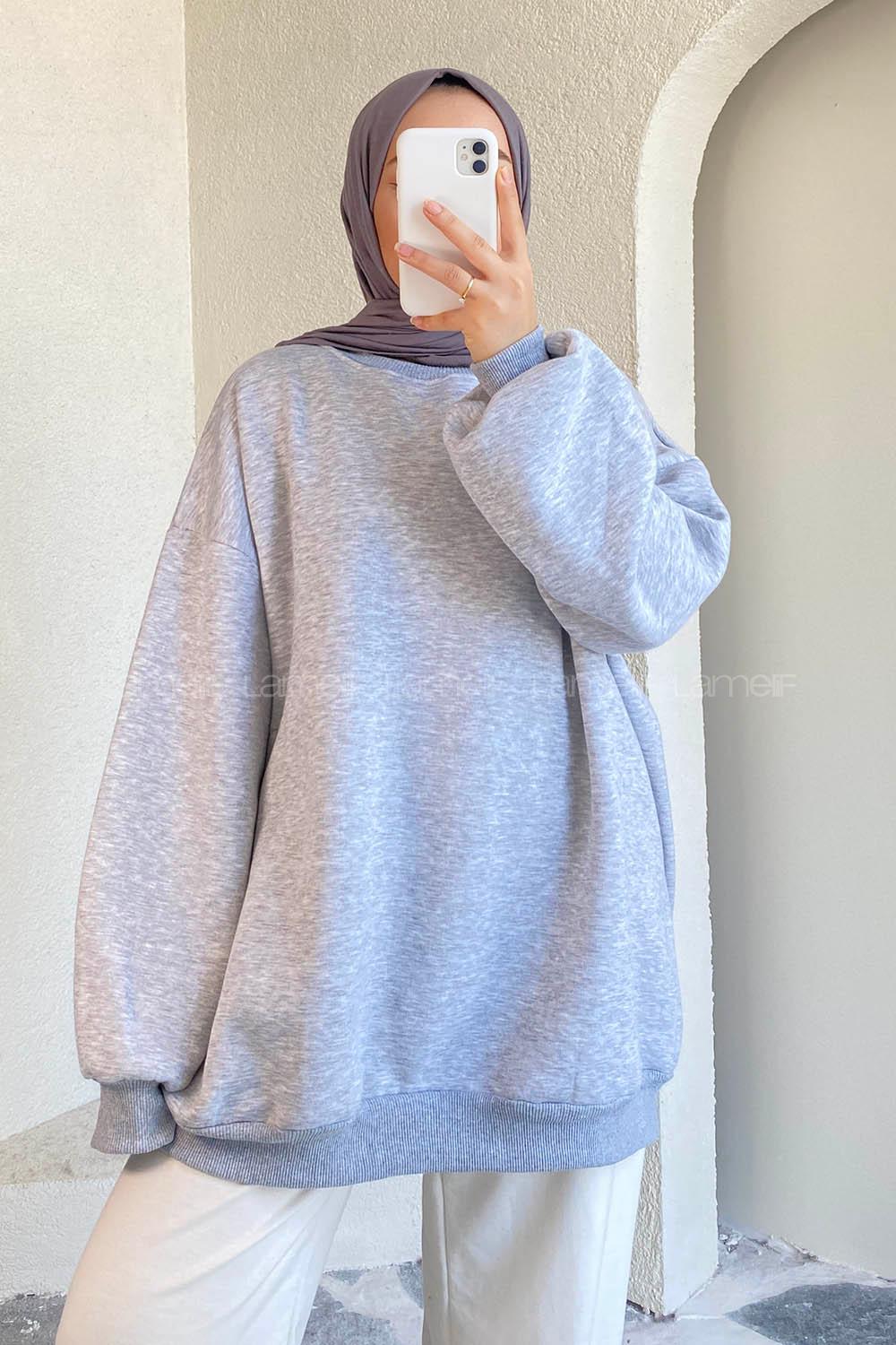 Modalamelif Bisiklet Yaka Salaş Sweatshirt Gri