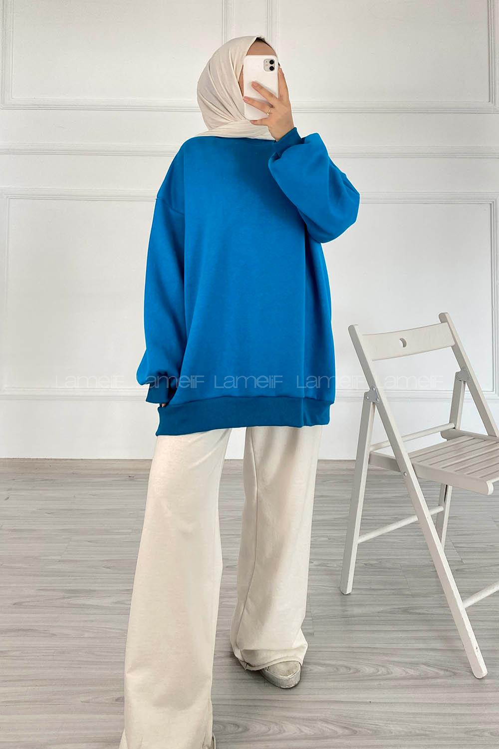 Modalamelif Bisiklet Yaka Salaş Sweatshirt Mavi