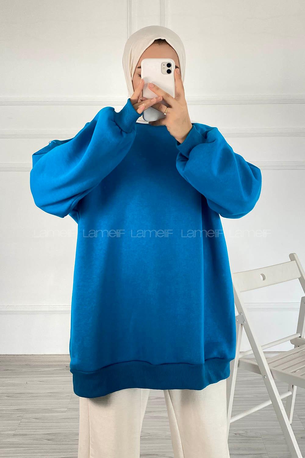 Modalamelif Bisiklet Yaka Salaş Sweatshirt Mavi