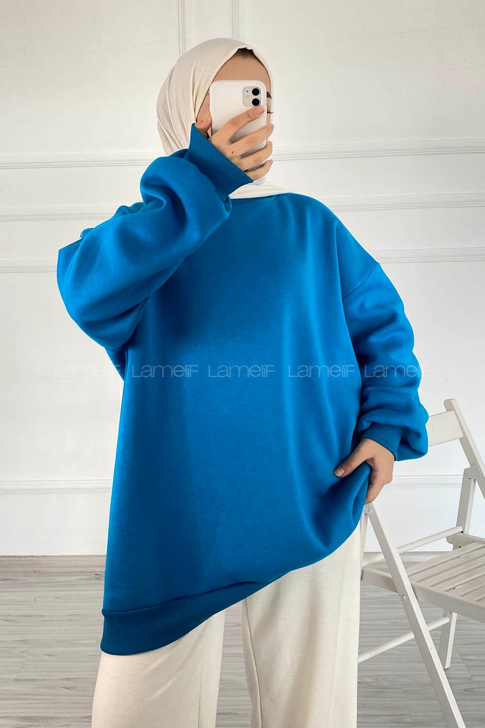 Modalamelif Bisiklet Yaka Salaş Sweatshirt Mavi