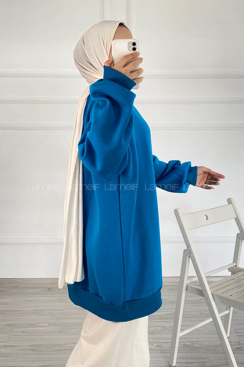 Modalamelif Bisiklet Yaka Salaş Sweatshirt Mavi