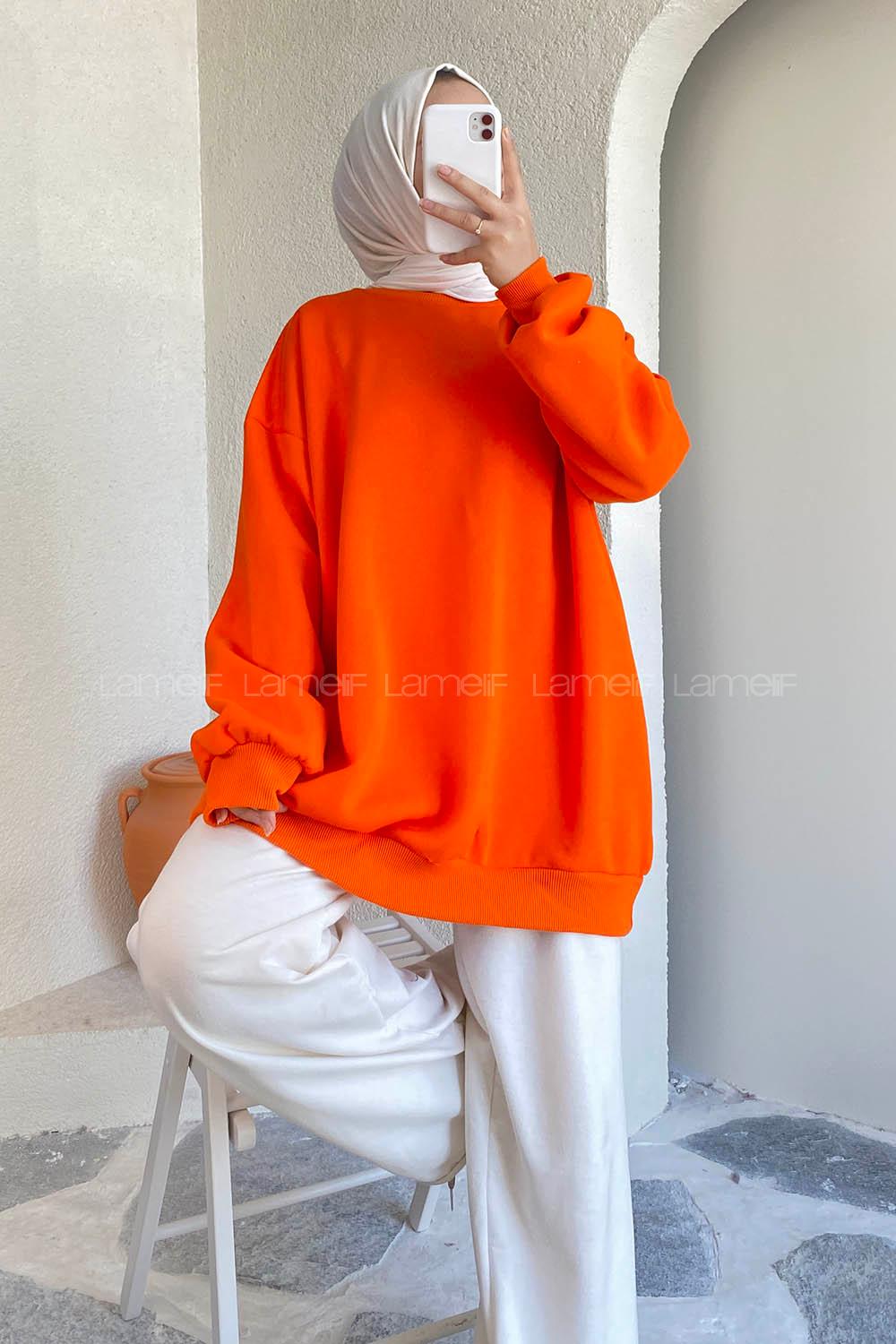 Modalamelif Bisiklet Yaka Salaş Sweatshirt Oranj
