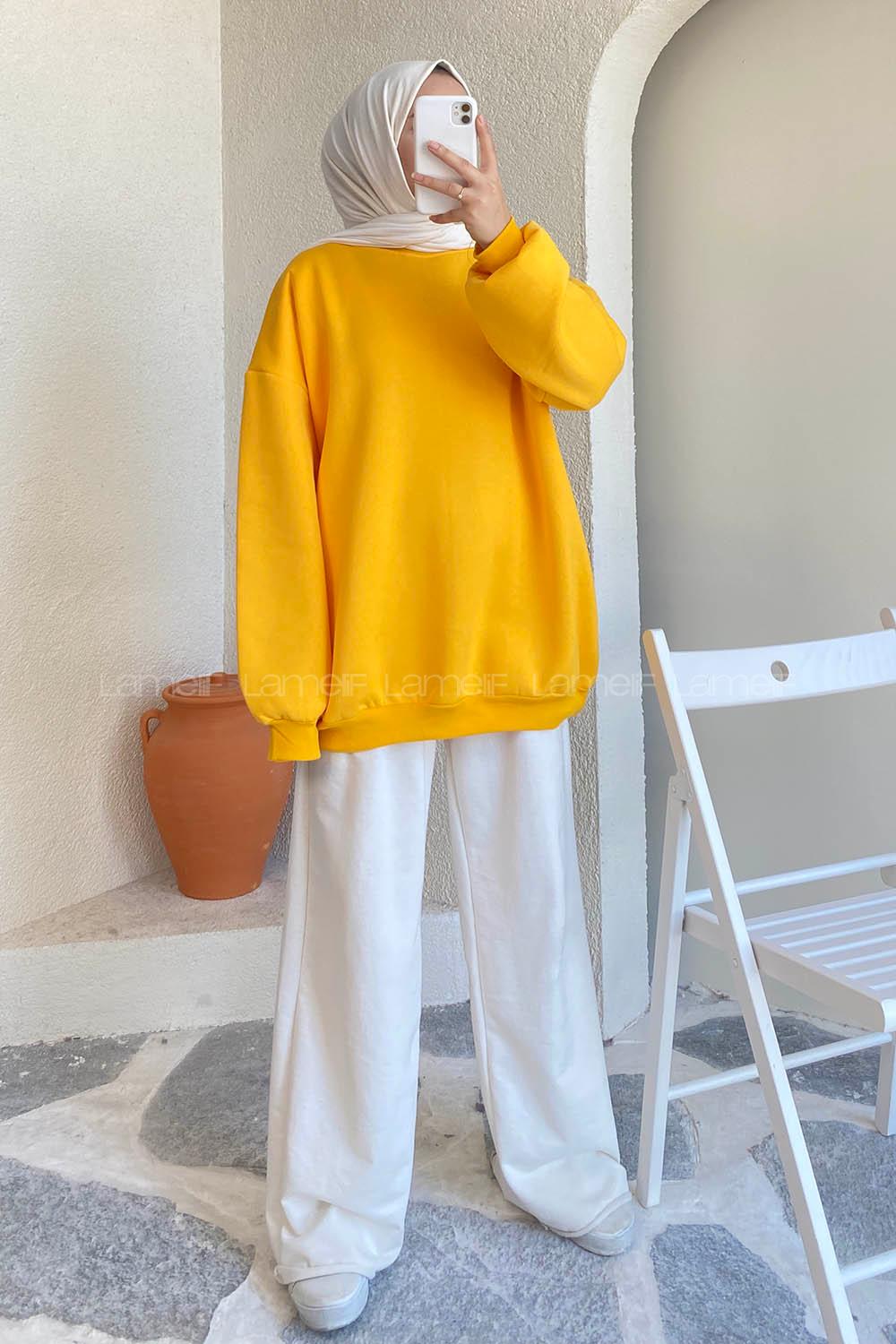 Modalamelif Bisiklet Yaka Salaş Sweatshirt Sarı