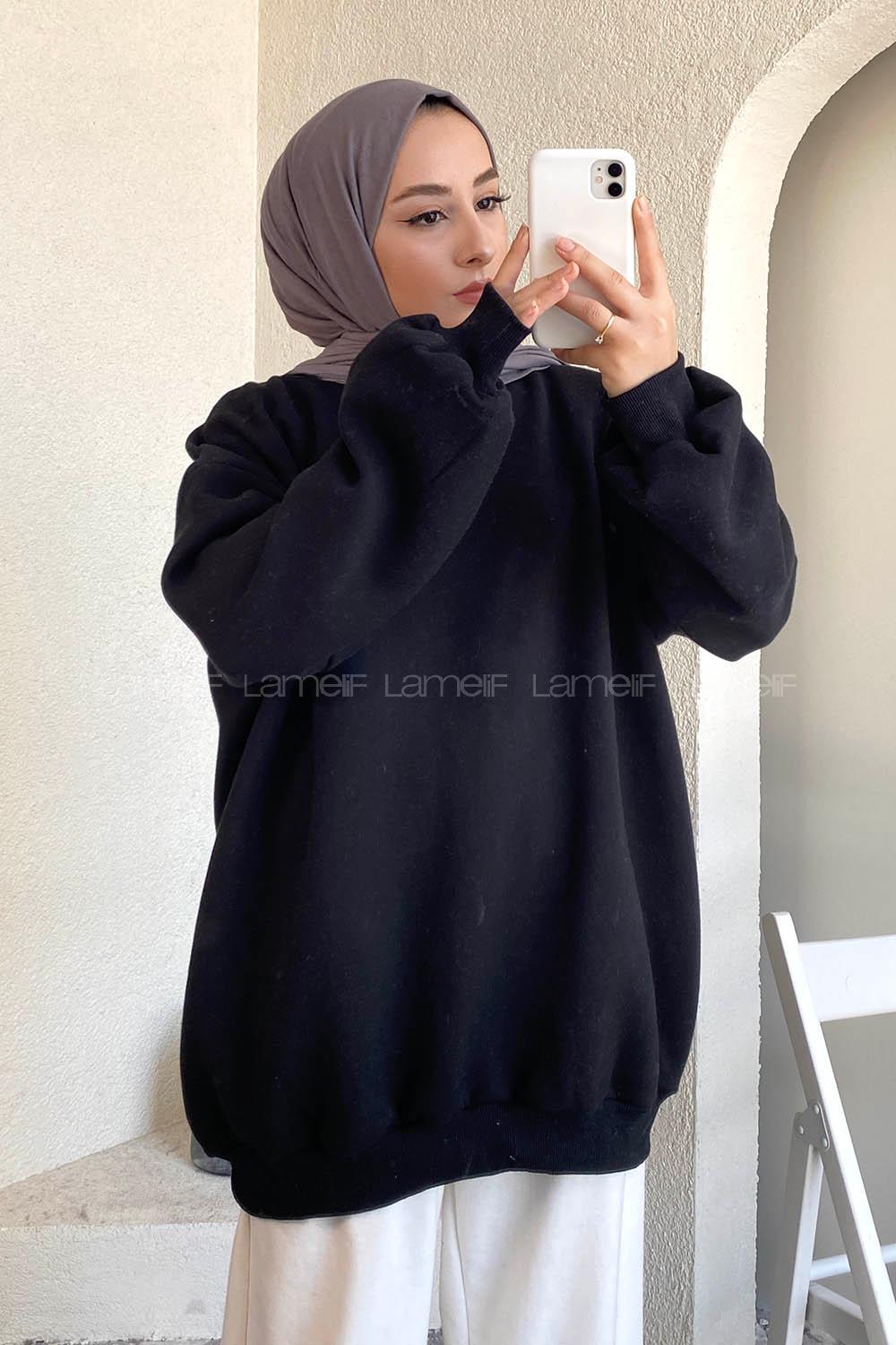 Modalamelif Bisiklet Yaka Salaş Sweatshirt Siyah