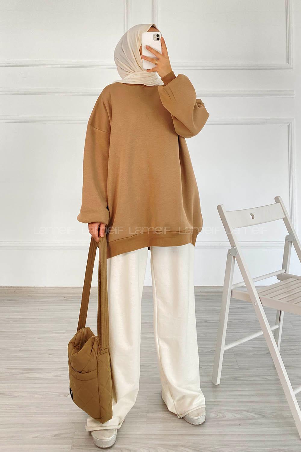 Modalamelif Bisiklet Yaka Salaş Sweatshirt Sütlü Kahve