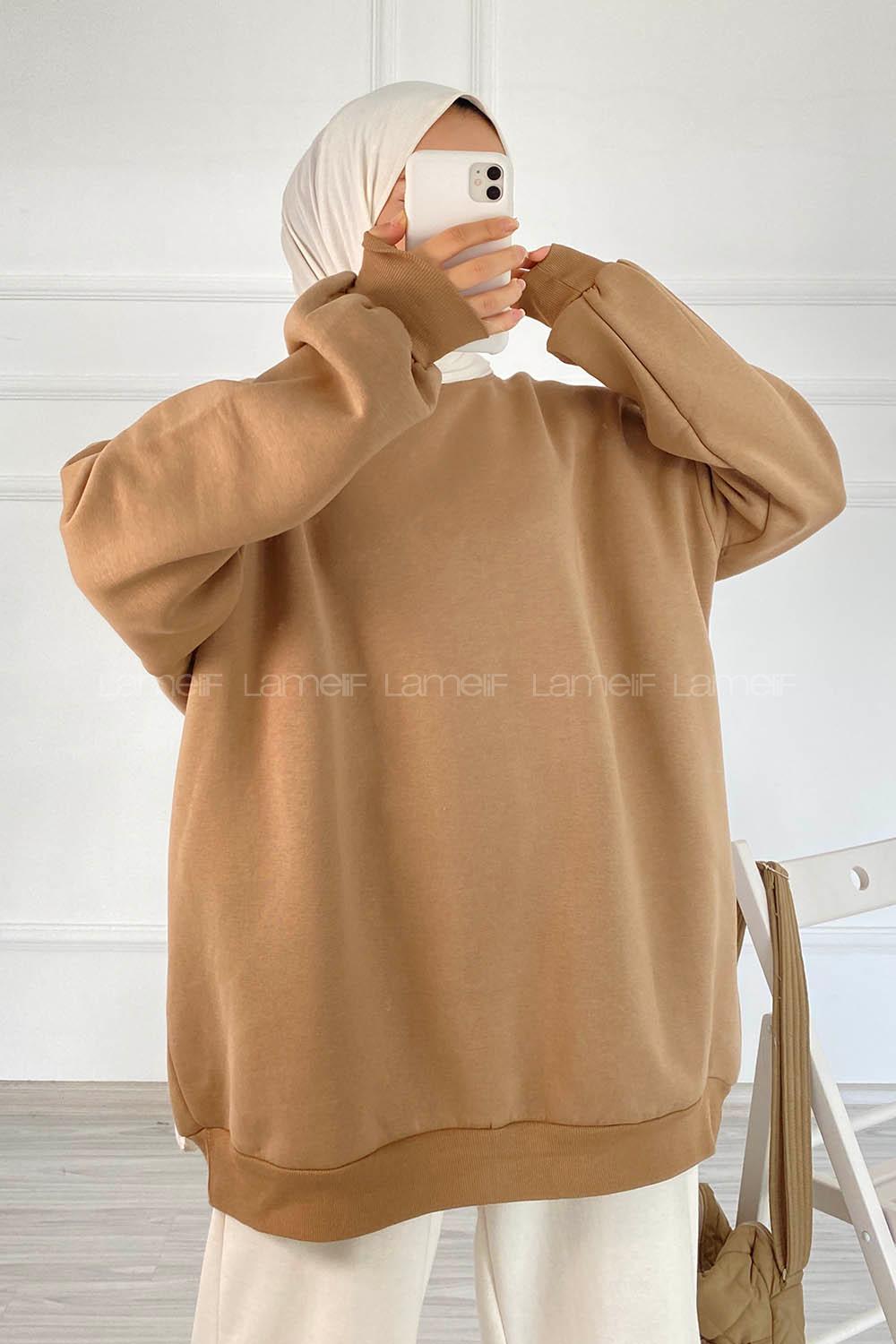 Modalamelif Bisiklet Yaka Salaş Sweatshirt Sütlü Kahve