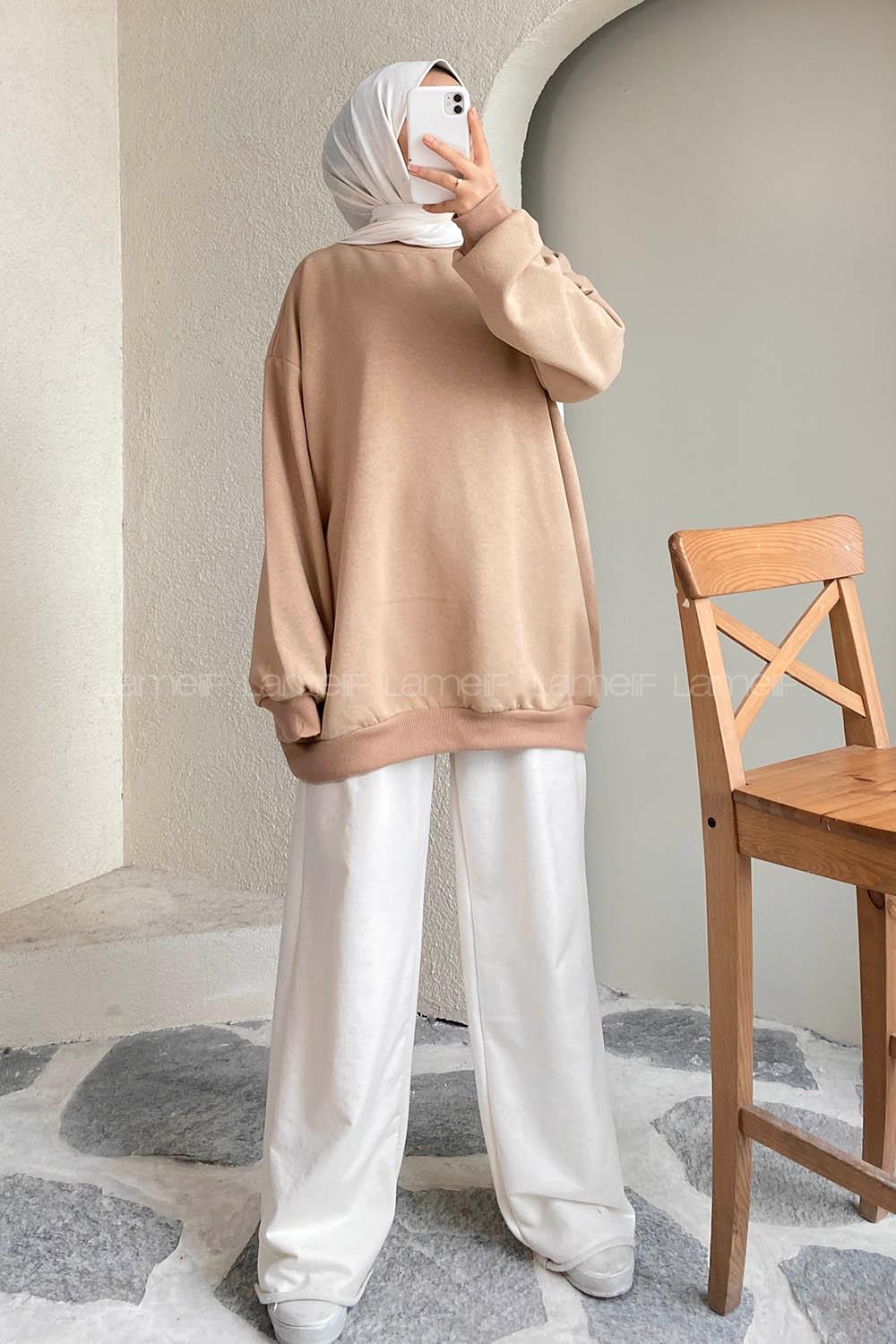 Modalamelif Bisiklet Yaka Salaş Sweatshirt Vizon