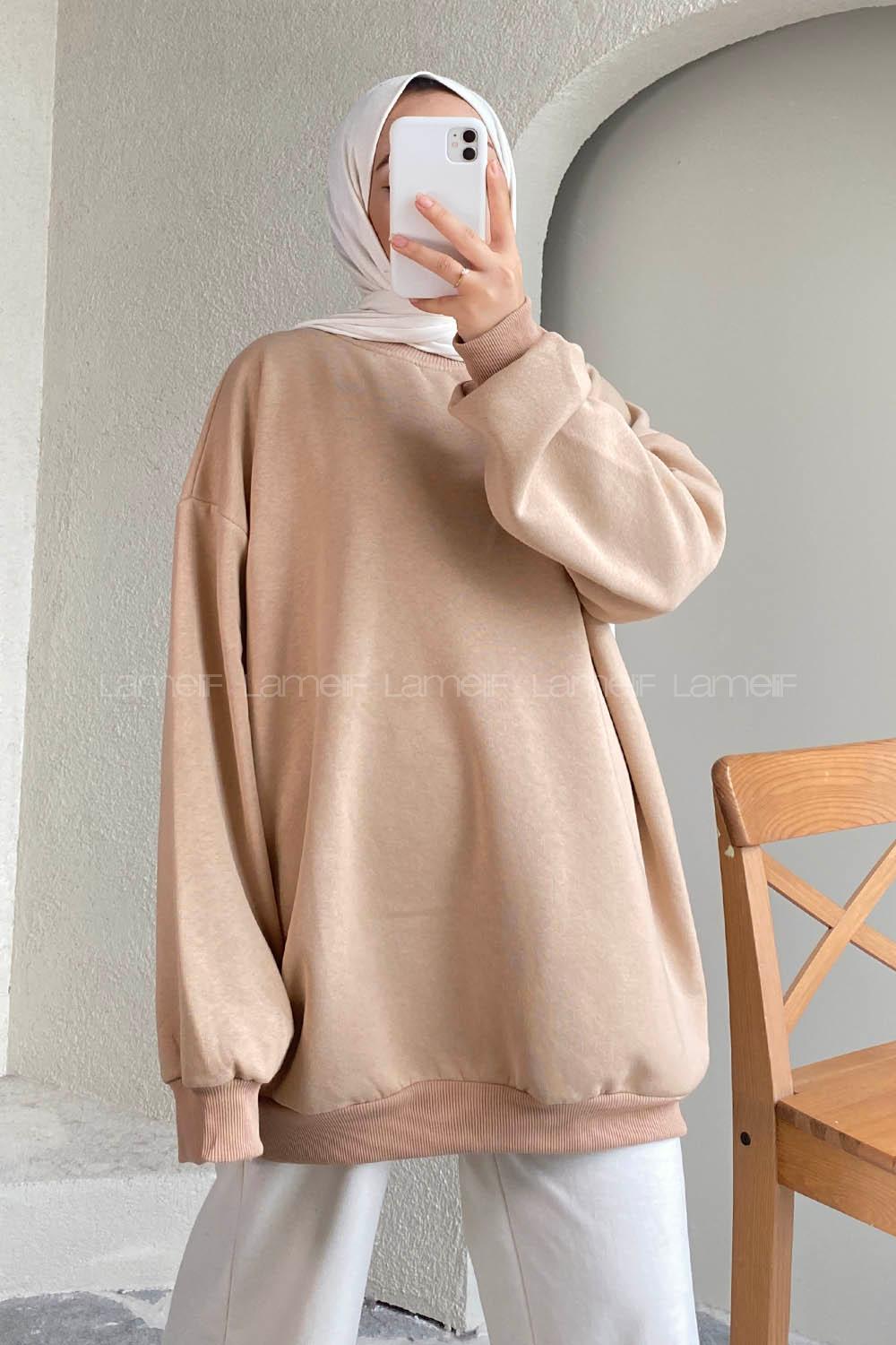 Modalamelif Bisiklet Yaka Salaş Sweatshirt Vizon