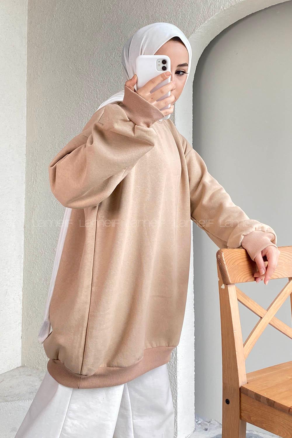 Modalamelif Bisiklet Yaka Salaş Sweatshirt Vizon