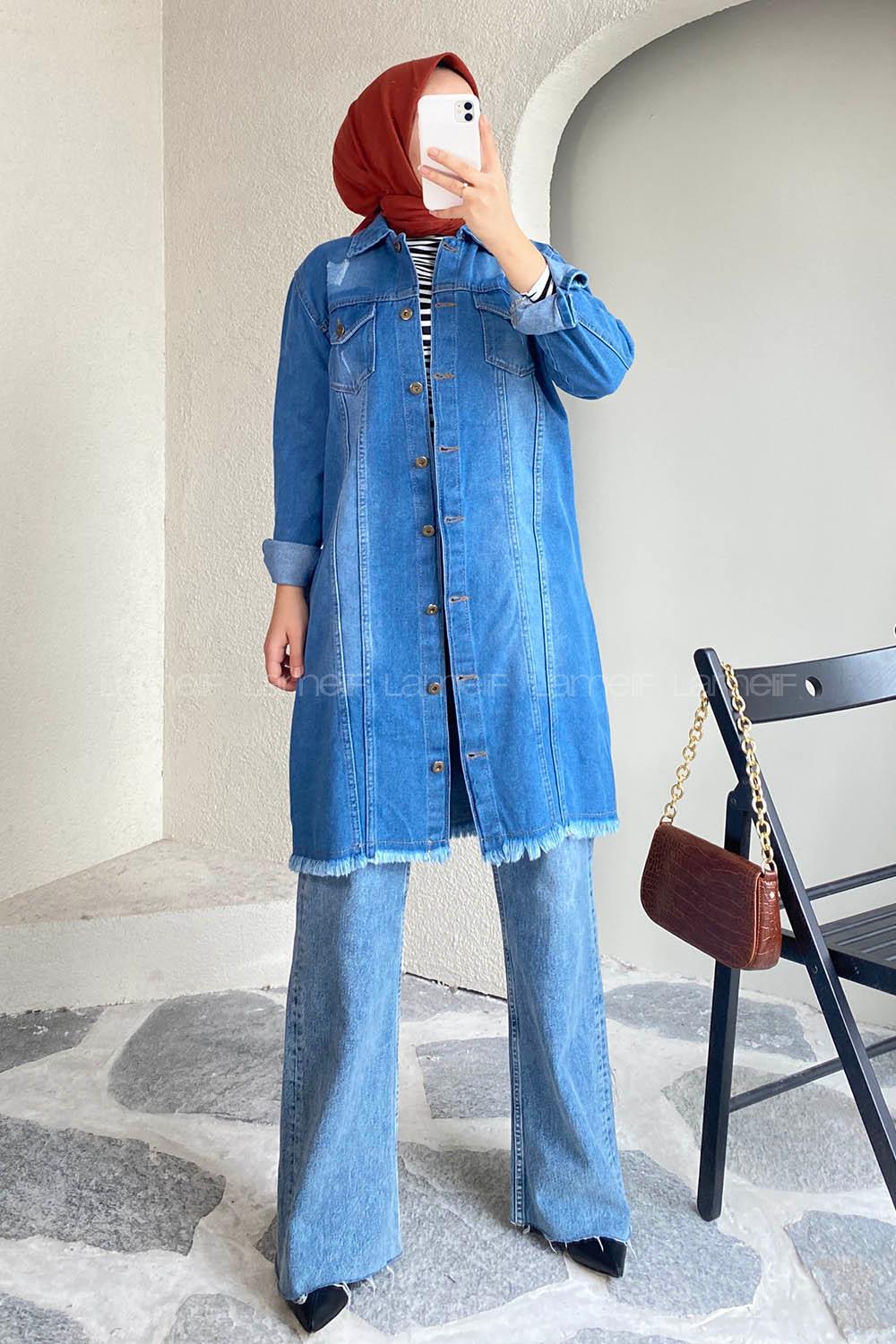 Modalamelif Boydan Düğmeli Eskitme Yıkamalı Püskül Detaylı Uzun Ceket Kot Mavi