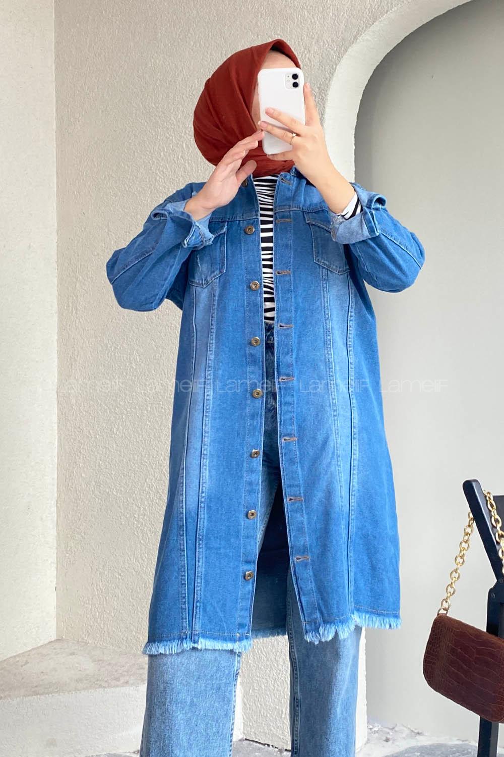 Modalamelif Boydan Düğmeli Eskitme Yıkamalı Püskül Detaylı Uzun Ceket Kot Mavi