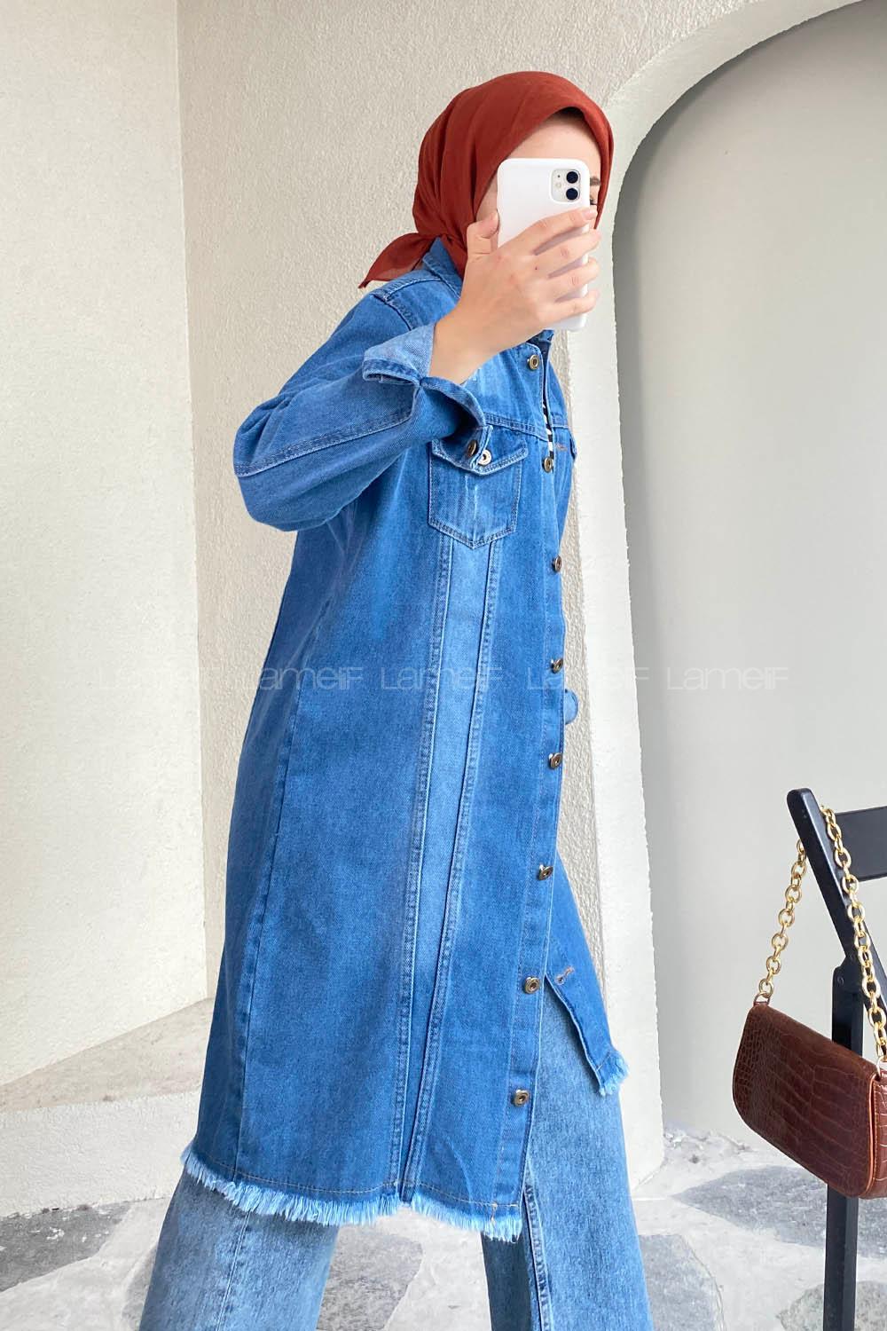 Modalamelif Boydan Düğmeli Eskitme Yıkamalı Püskül Detaylı Uzun Ceket Kot Mavi