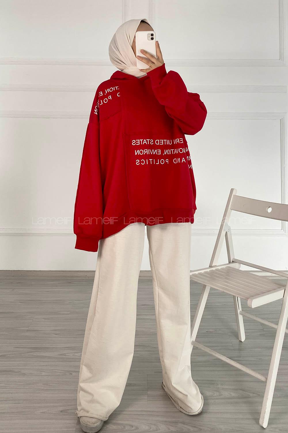 Modalamelif Dikişli Salaş Yazı Baskılı Sweatshırt Kırmızı