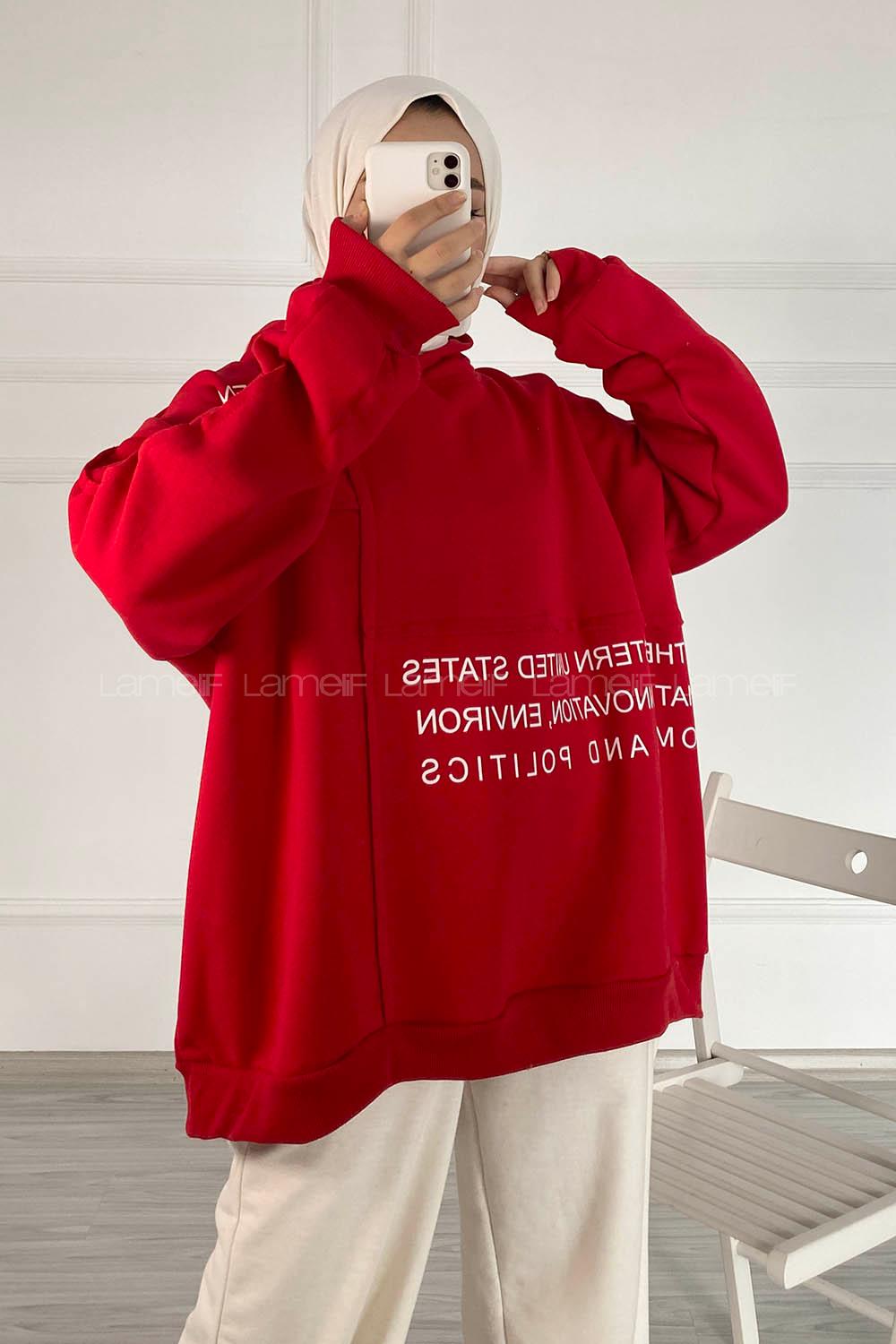 Modalamelif Dikişli Salaş Yazı Baskılı Sweatshırt Kırmızı