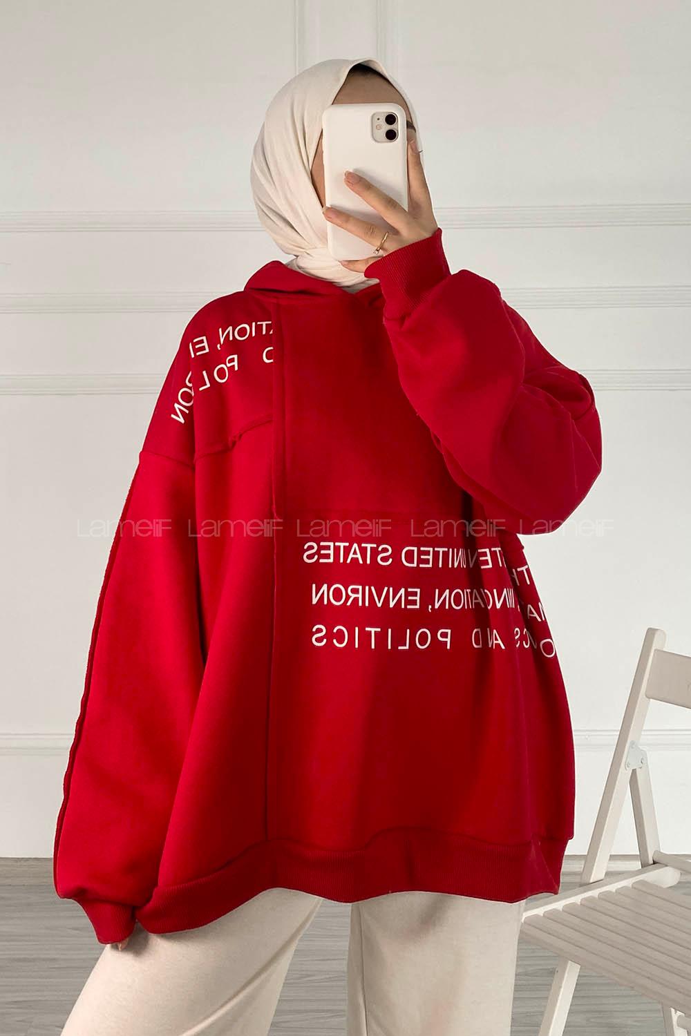 Modalamelif Dikişli Salaş Yazı Baskılı Sweatshırt Kırmızı