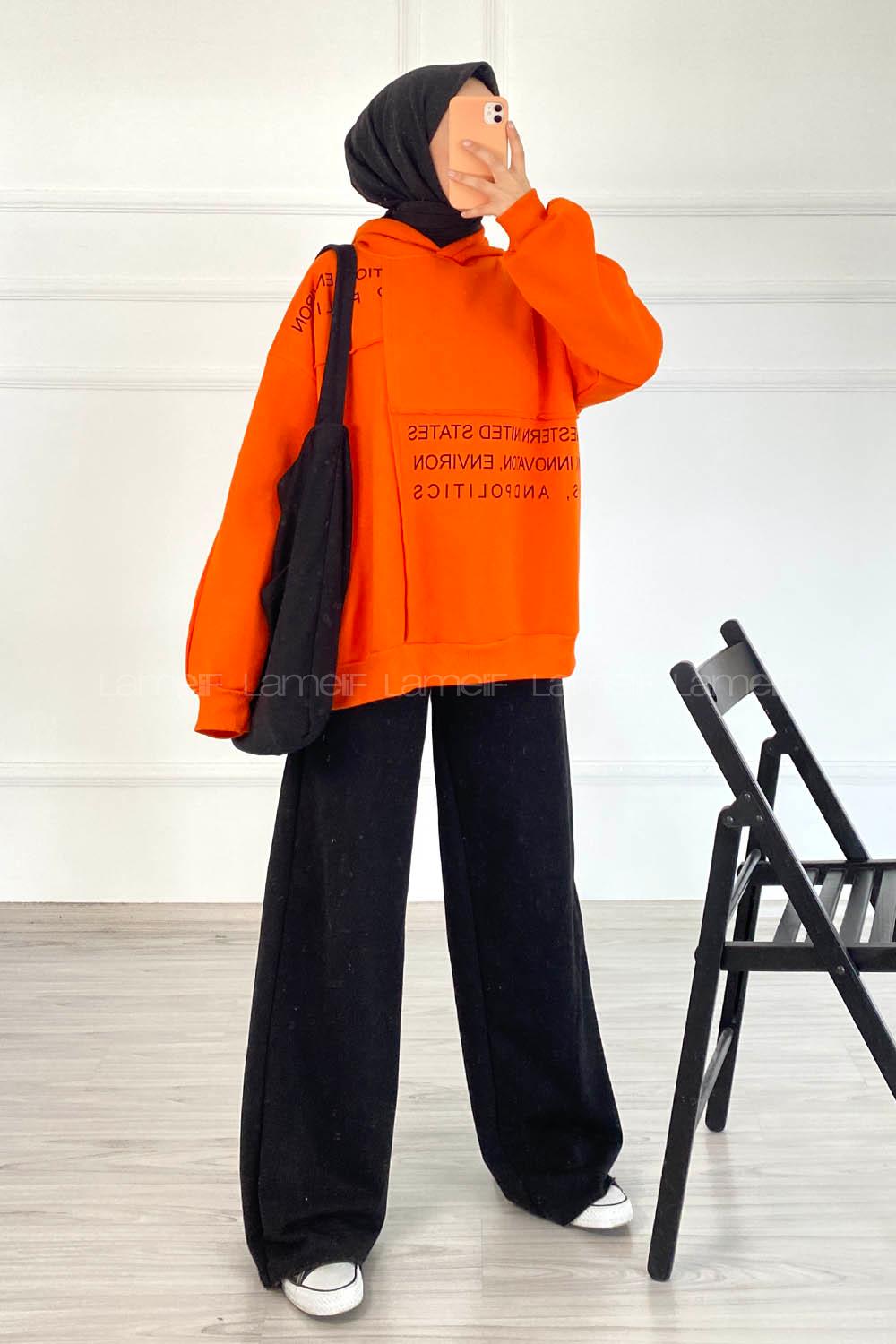 Modalamelif Dikişli Salaş Yazı Baskılı Sweatshırt Oranj