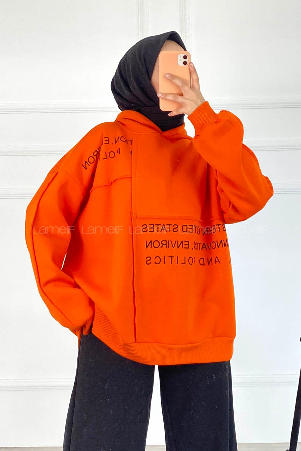 Modalamelif Dikişli Salaş Yazı Baskılı Sweatshırt Oranj