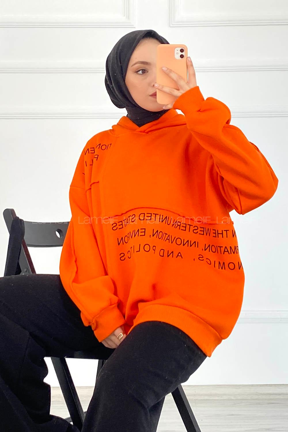 Modalamelif Dikişli Salaş Yazı Baskılı Sweatshırt Oranj