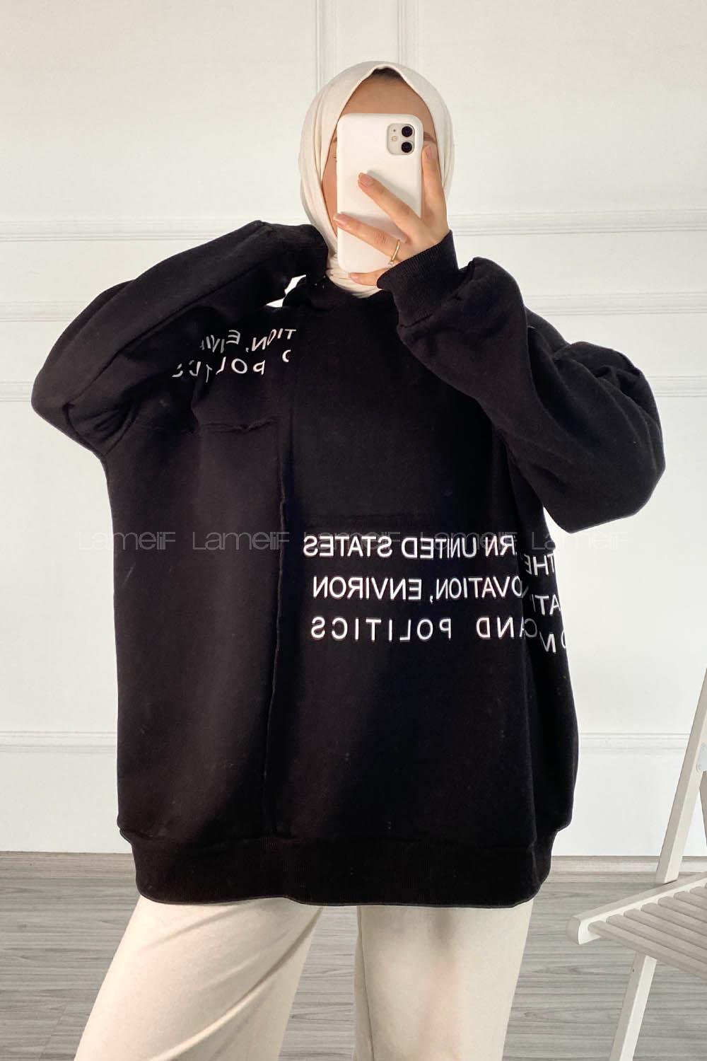 Modalamelif Dikişli Salaş Yazı Baskılı Sweatshırt Siyah