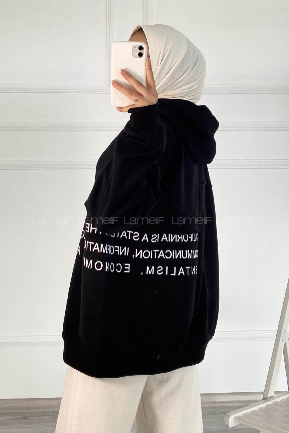 Modalamelif Dikişli Salaş Yazı Baskılı Sweatshırt Siyah