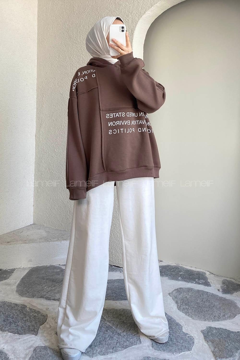 Modalamelif Dikişli Salaş Yazı Baskılı Sweatshırt Soft Kahve