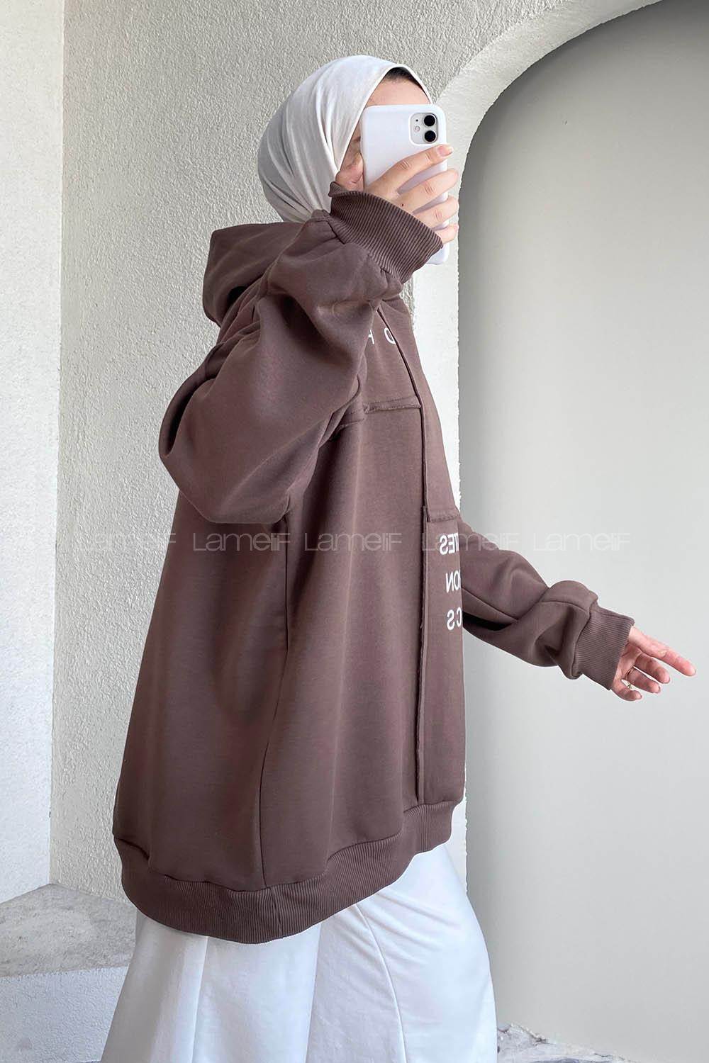 Modalamelif Dikişli Salaş Yazı Baskılı Sweatshırt Soft Kahve