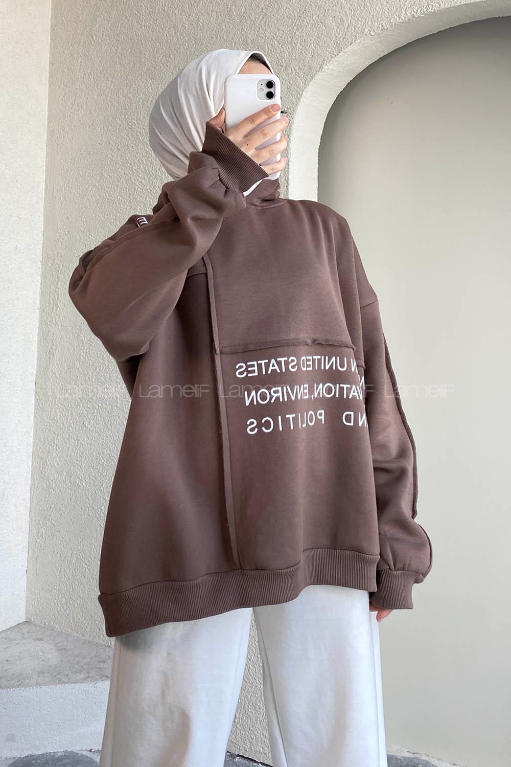 Modalamelif Dikişli Salaş Yazı Baskılı Sweatshırt Soft Kahve