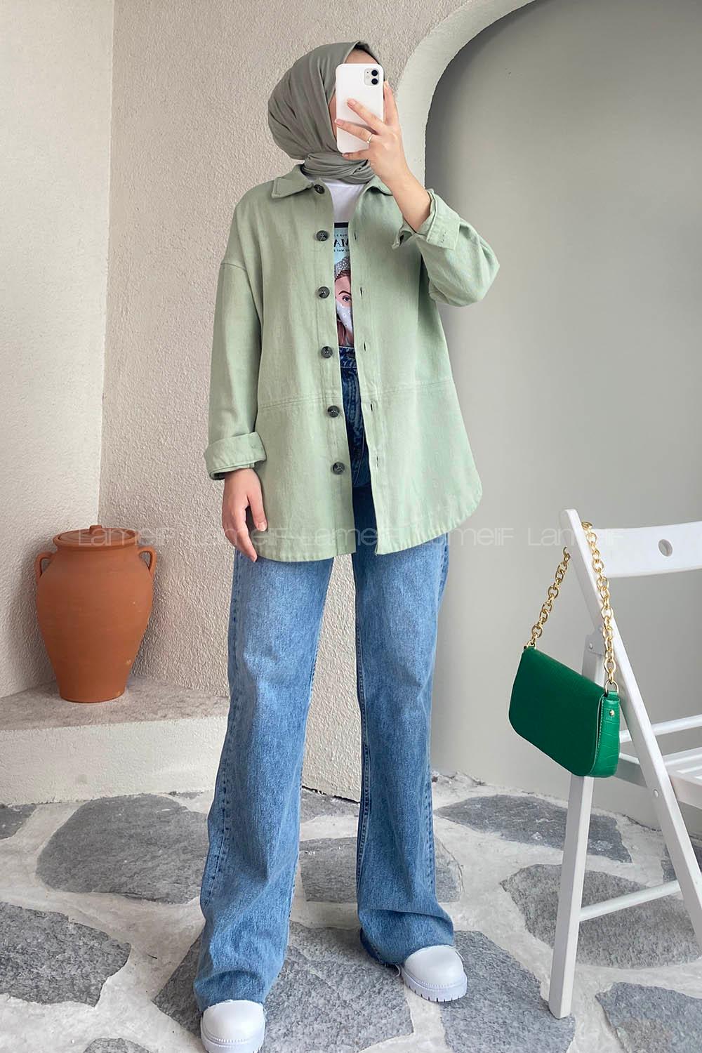 Modalamelif Eteği Parçalı  Düğme Detaylı Salaş Gömlek Çağla Yeşili