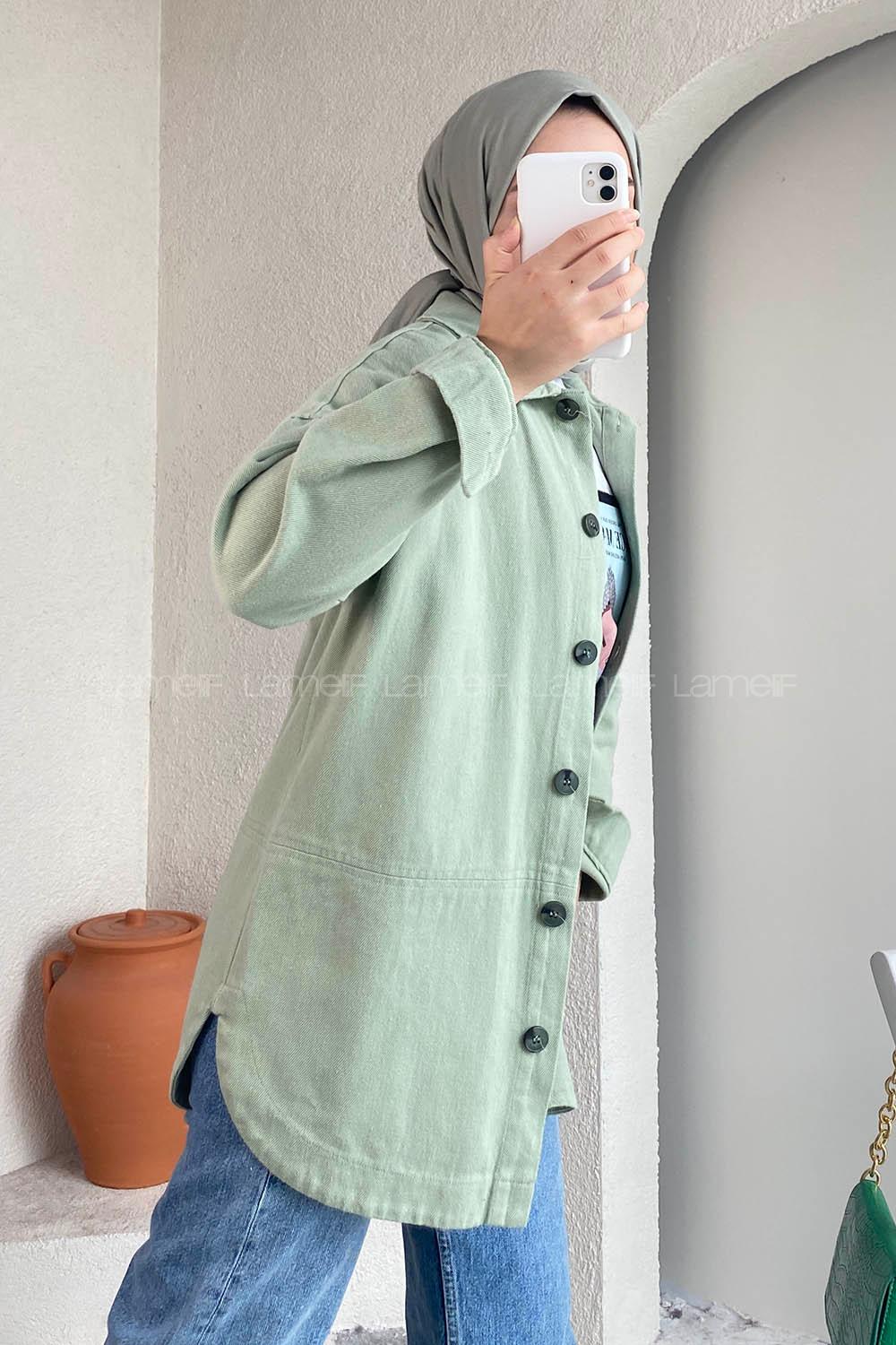 Modalamelif Eteği Parçalı  Düğme Detaylı Salaş Gömlek Çağla Yeşili