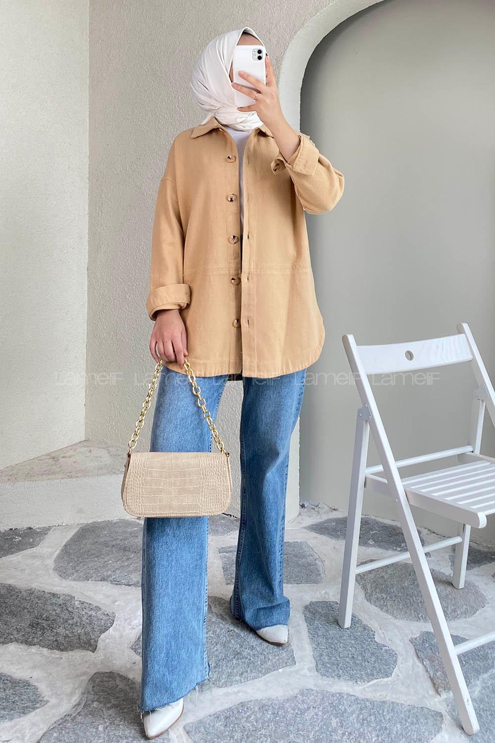 Modalamelif Eteği Parçalı  Düğme Detaylı Salaş Gömlek Camel
