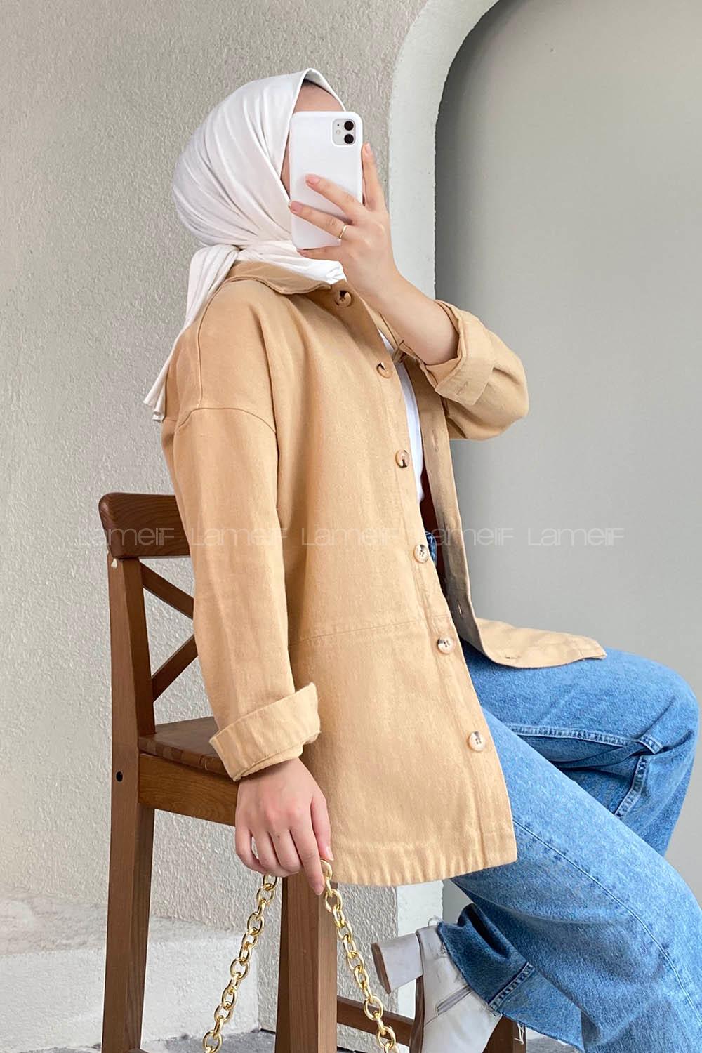 Modalamelif Eteği Parçalı  Düğme Detaylı Salaş Gömlek Camel