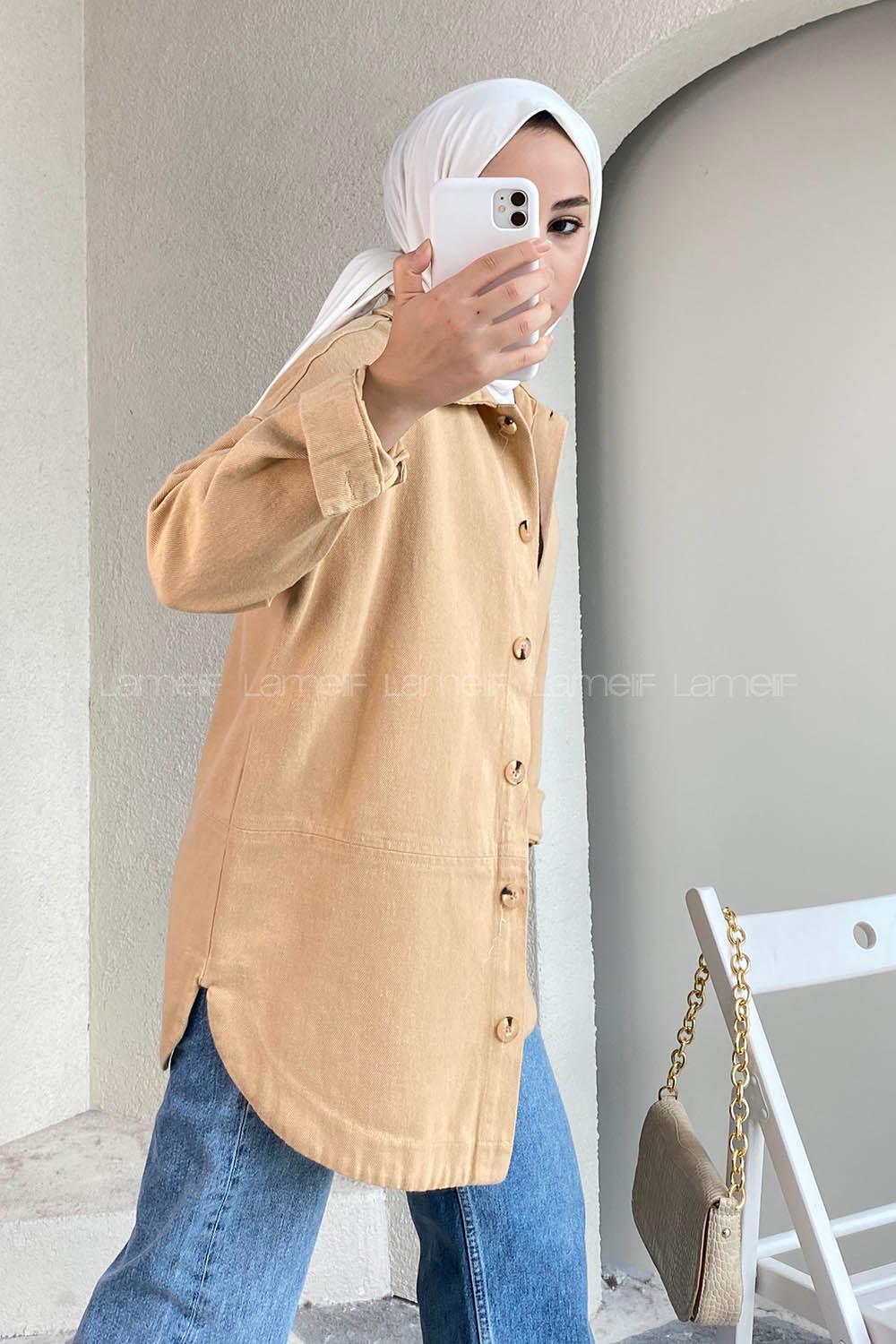 Modalamelif Eteği Parçalı  Düğme Detaylı Salaş Gömlek Camel