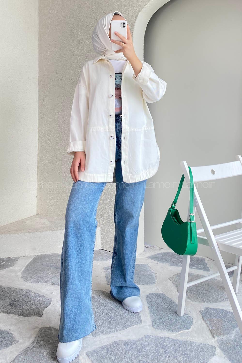 Modalamelif Eteği Parçalı  Düğme Detaylı Salaş Gömlek Ekru