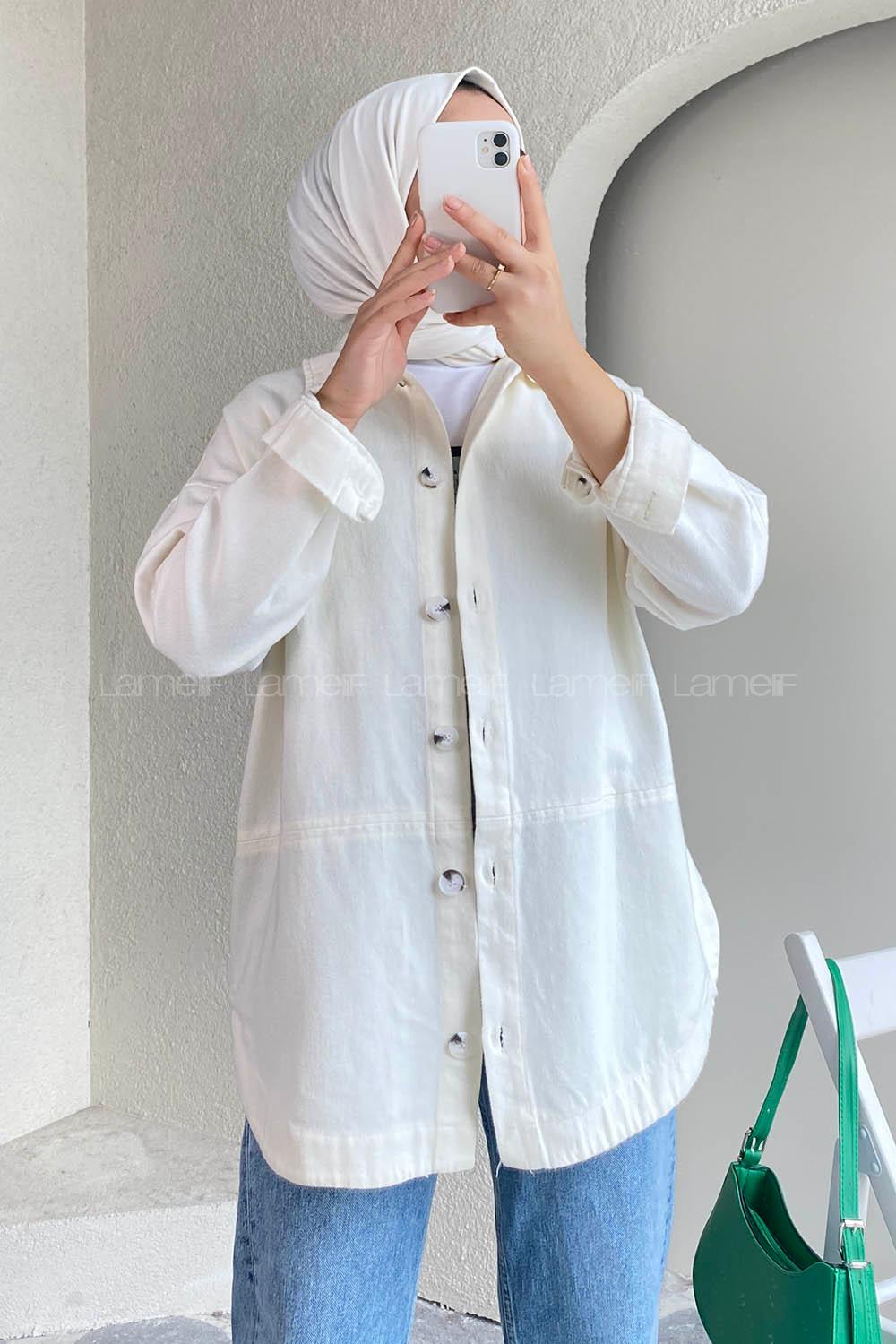 Modalamelif Eteği Parçalı  Düğme Detaylı Salaş Gömlek Ekru