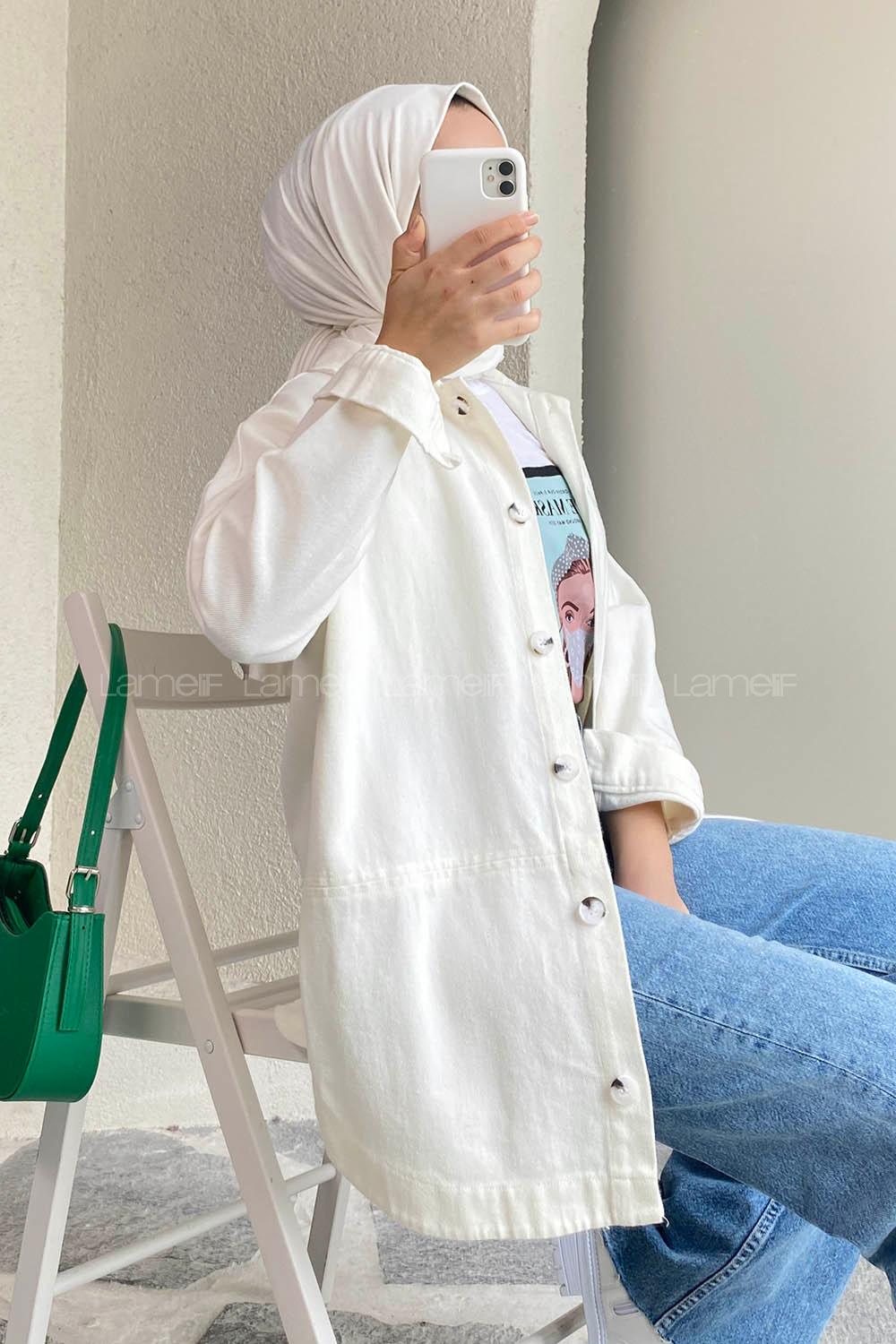 Modalamelif Eteği Parçalı  Düğme Detaylı Salaş Gömlek Ekru