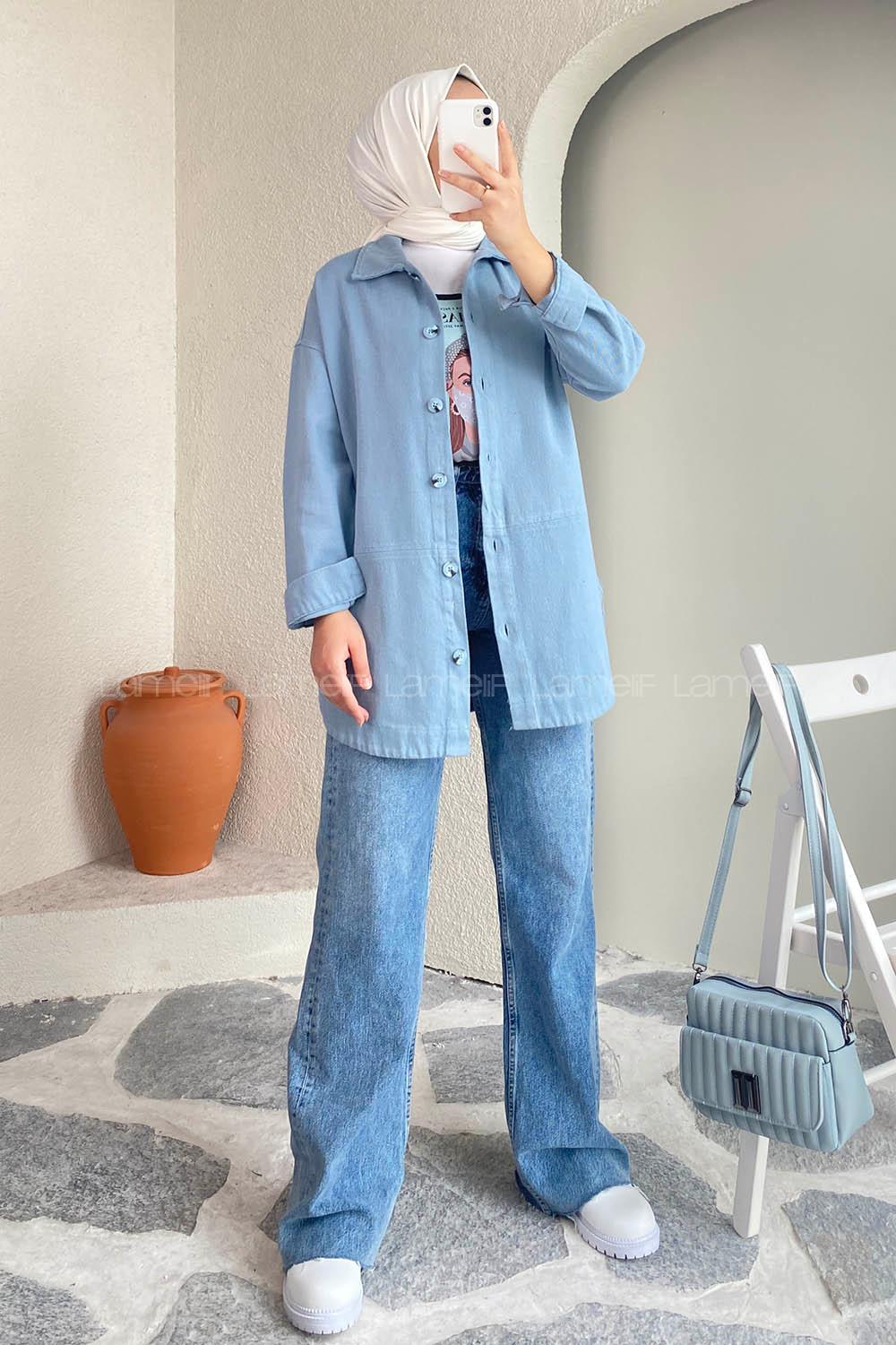 Modalamelif Eteği Parçalı  Düğme Detaylı Salaş Gömlek Mavi