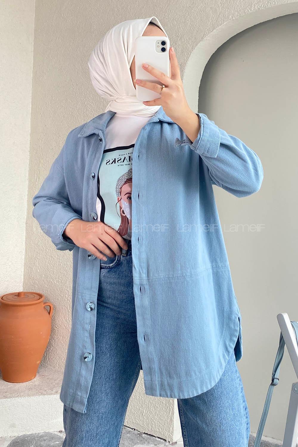Modalamelif Eteği Parçalı  Düğme Detaylı Salaş Gömlek Mavi