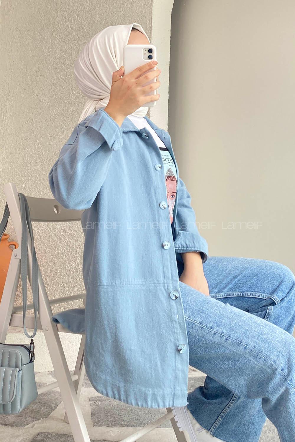 Modalamelif Eteği Parçalı  Düğme Detaylı Salaş Gömlek Mavi