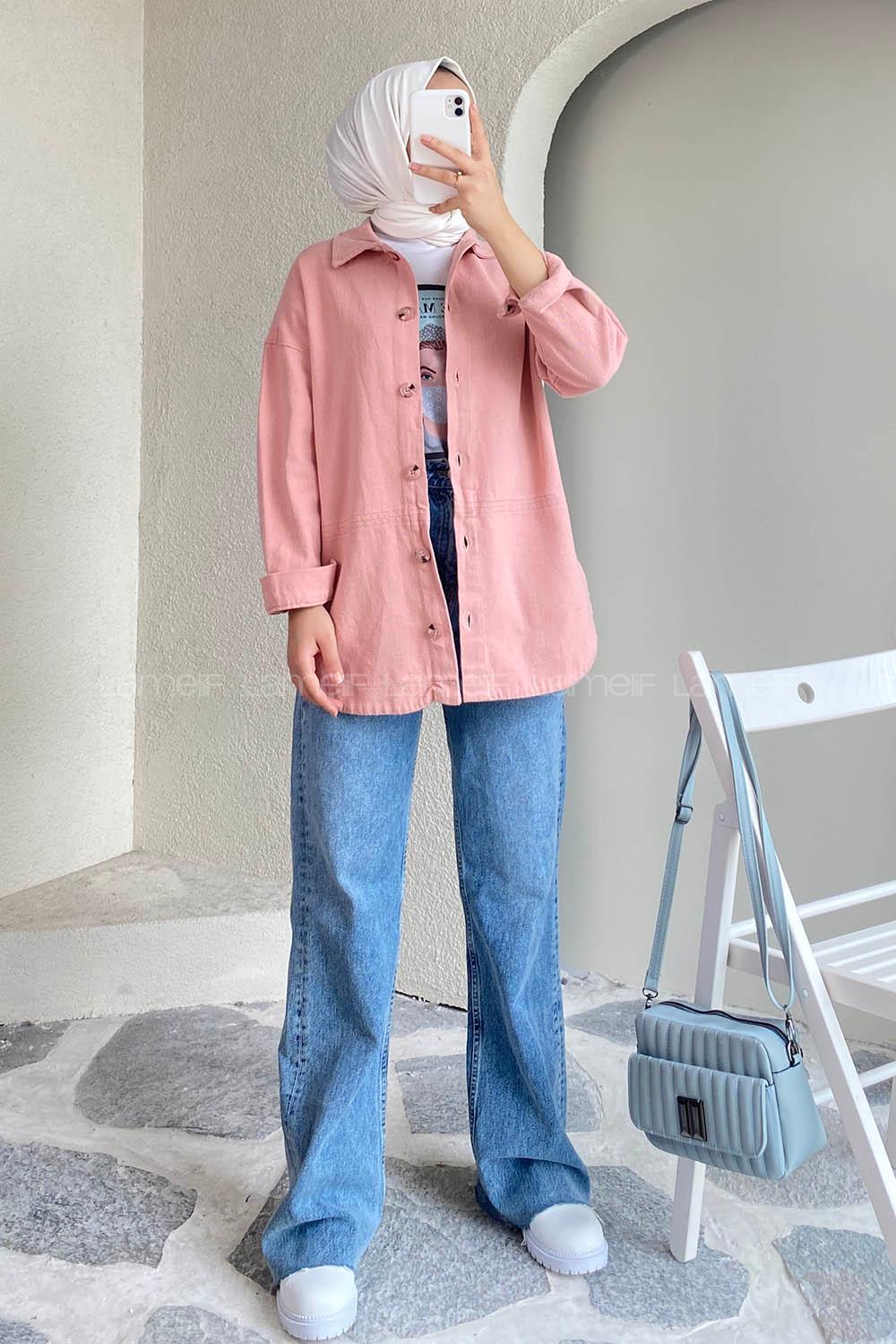 Modalamelif Eteği Parçalı Düğme Detaylı Salaş Gömlek Pudra
