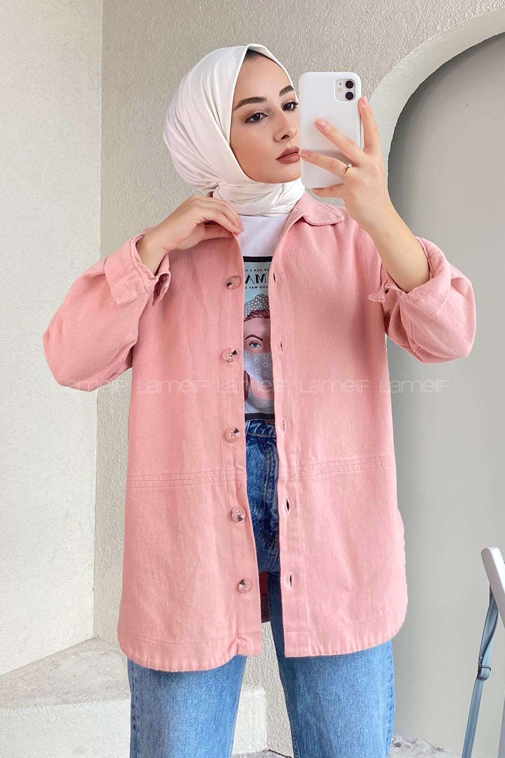 Modalamelif Eteği Parçalı Düğme Detaylı Salaş Gömlek Pudra