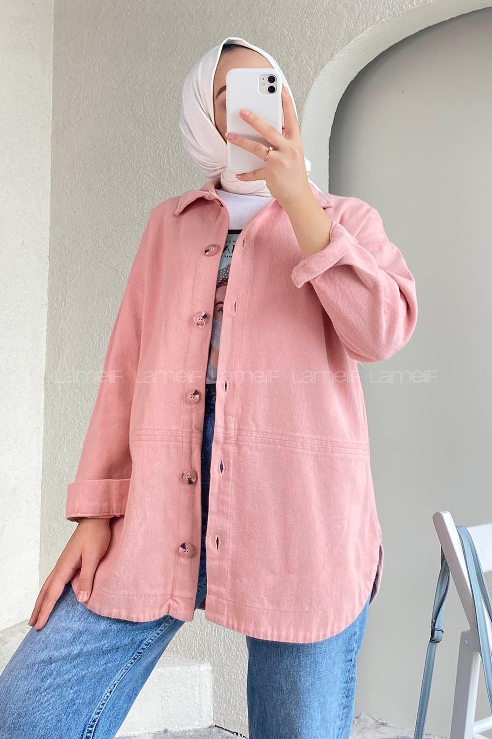 Modalamelif Eteği Parçalı Düğme Detaylı Salaş Gömlek Pudra