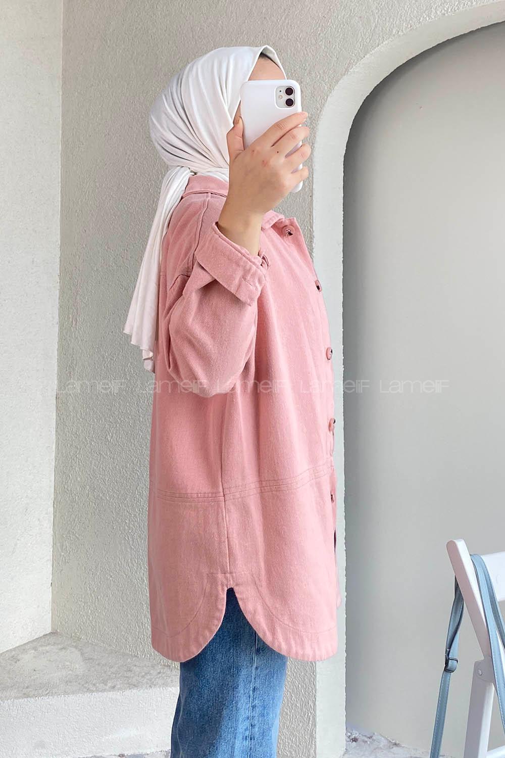 Modalamelif Eteği Parçalı Düğme Detaylı Salaş Gömlek Pudra